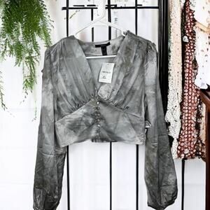Forever 21 Women’s S Gray Satin Long Sleeve V-Neck Corset Crop Top NWT